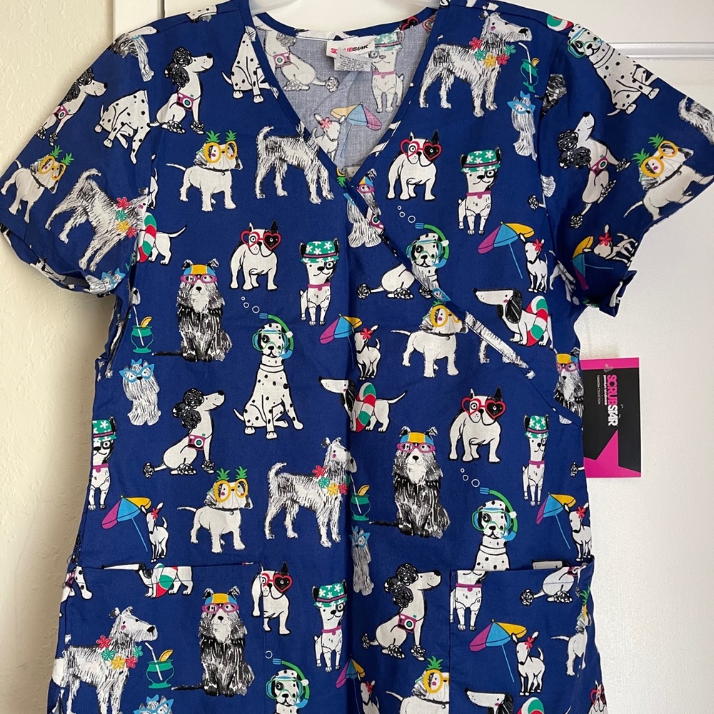 NWT Scrubstar Top Dogs Blue Cotton Medium